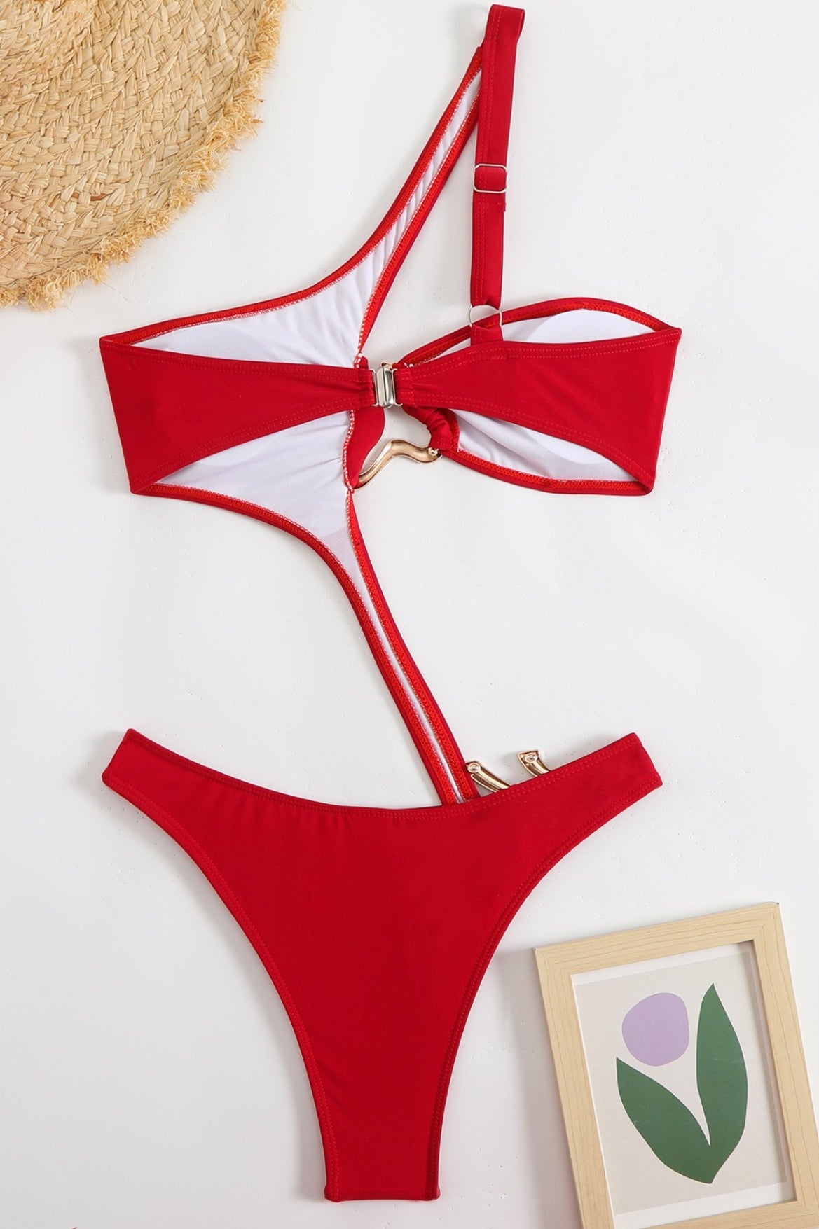 Solid Cutout Asymmetric Metal One Piece Swimwear