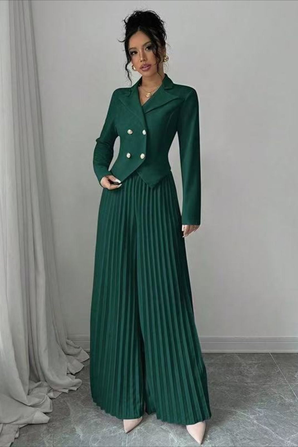 Tailored Pleated Two Piece Blazer Pants Set