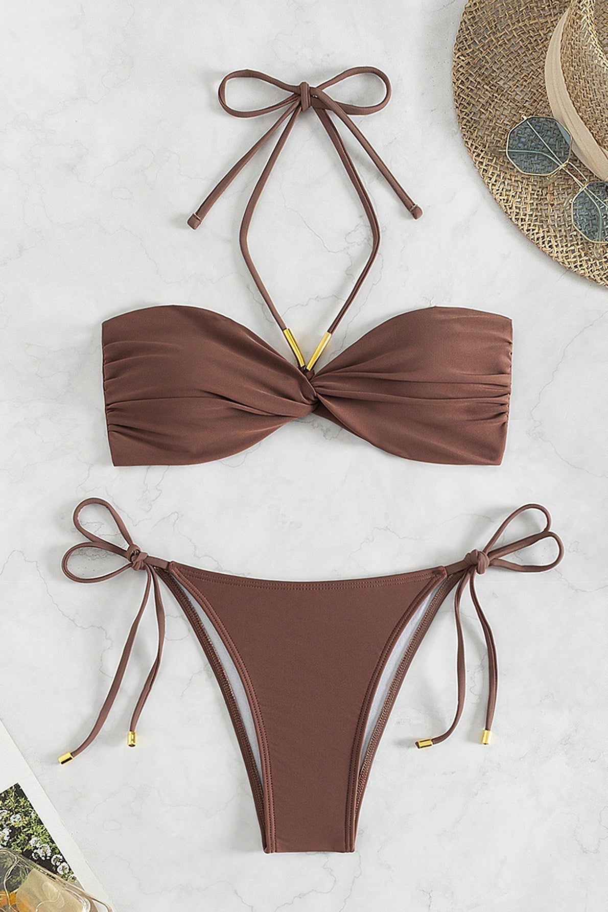 Brown Halter Strapless Side Tie Bikini Set