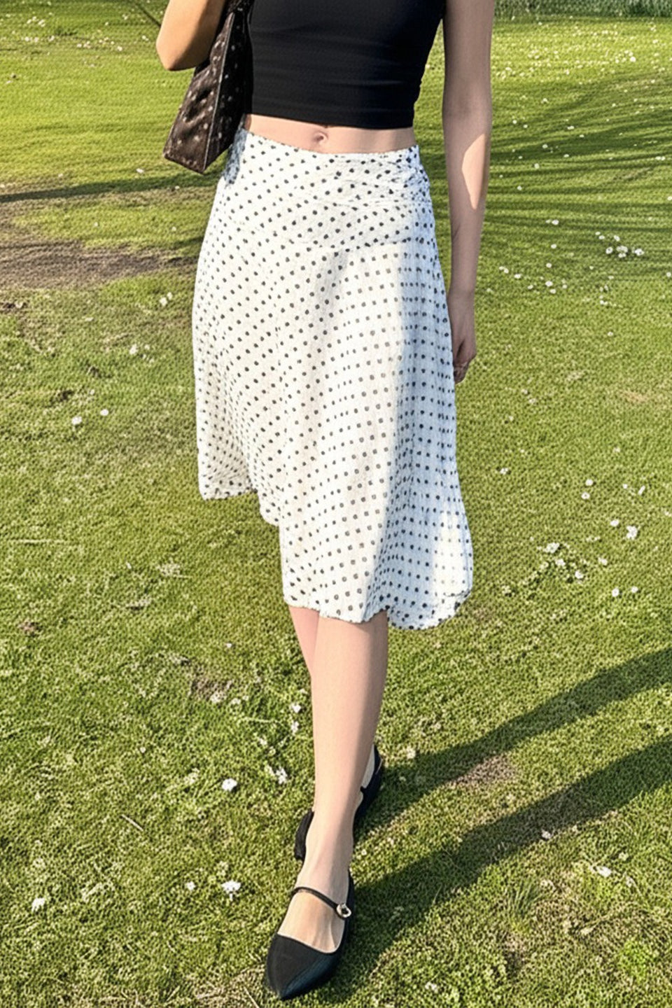 Polka Dot Low Rise Ruffle Trim A Line Skirt