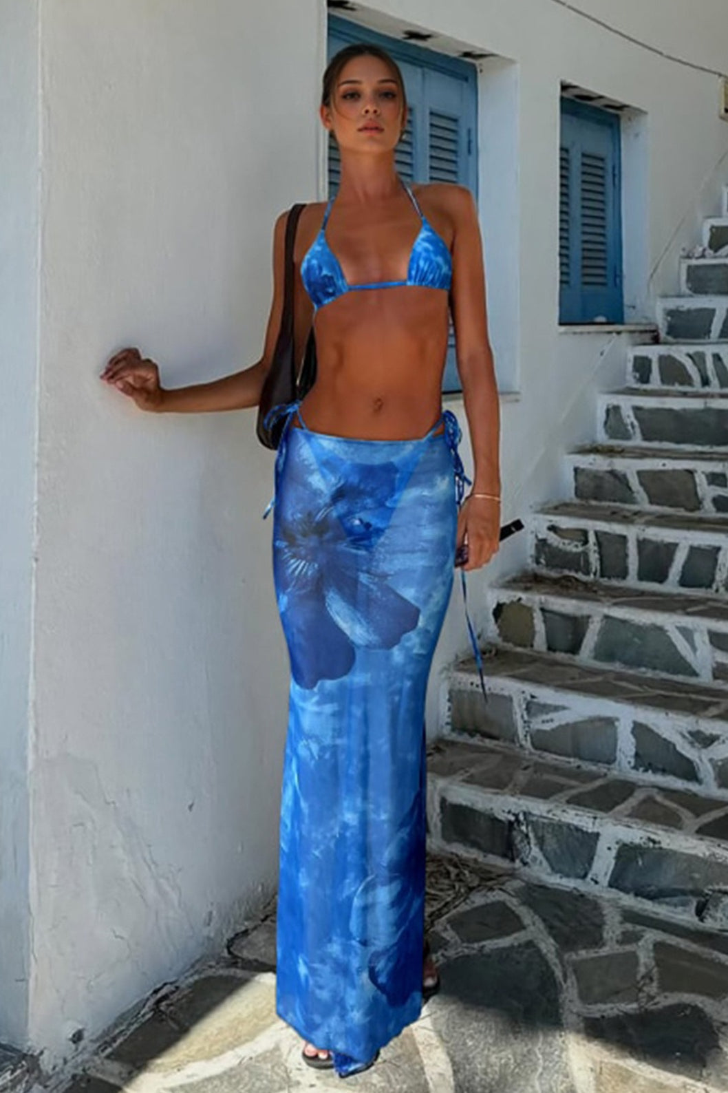 Blue Tie Dye Print Beach Three Piece Swim Set