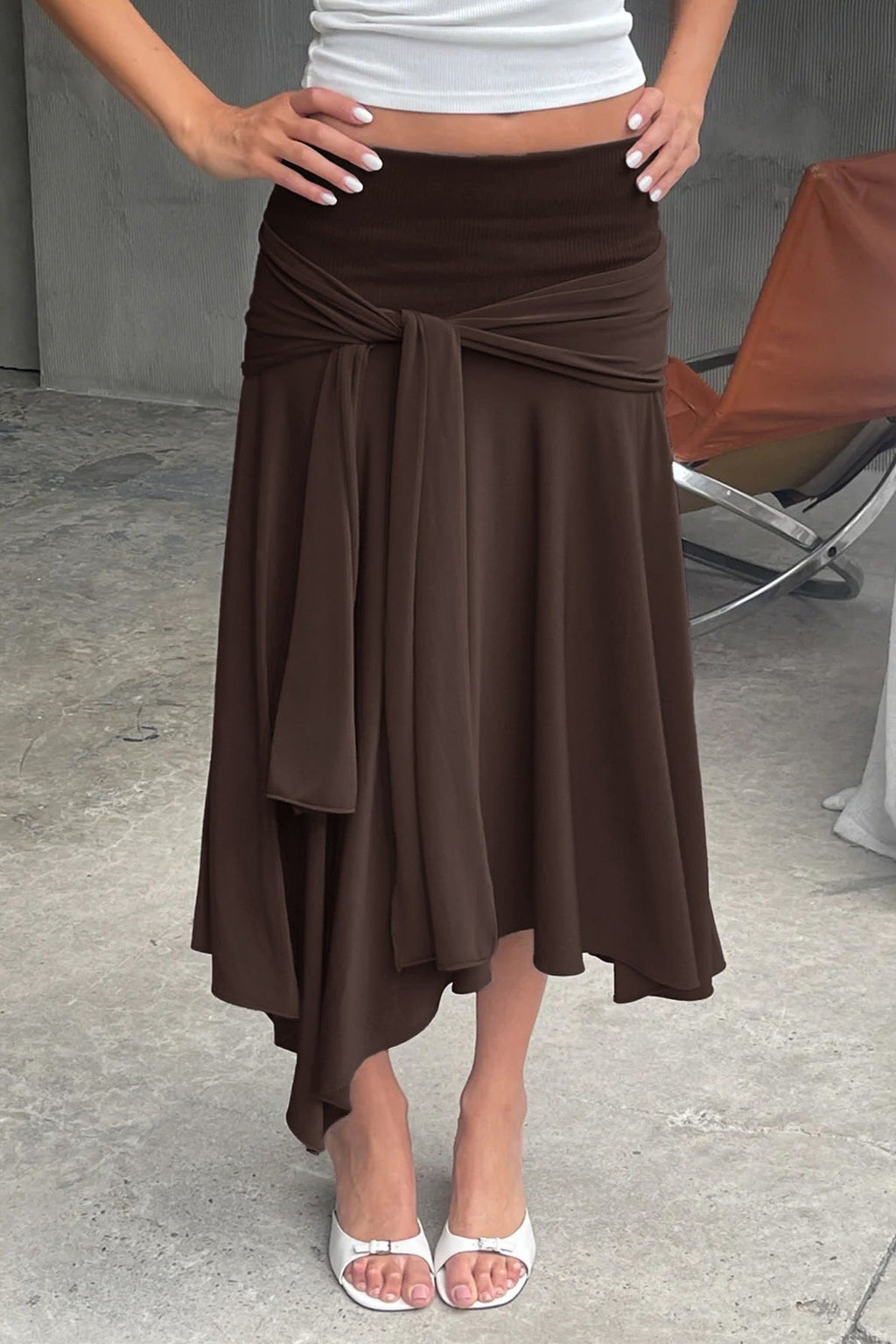High Waist Tie Detail Asymmetric Skirt