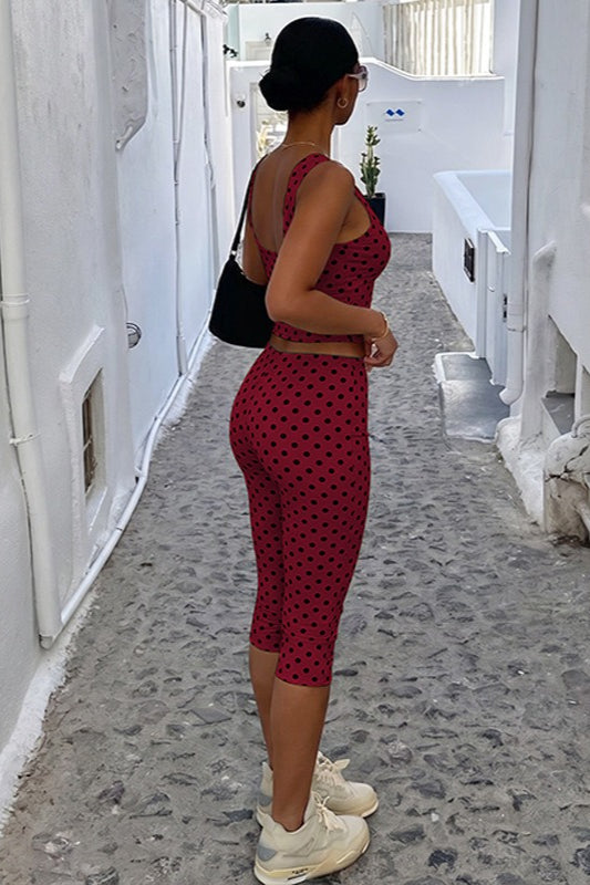 Polka Dot Sleeveless Fitted Capri Pants Set