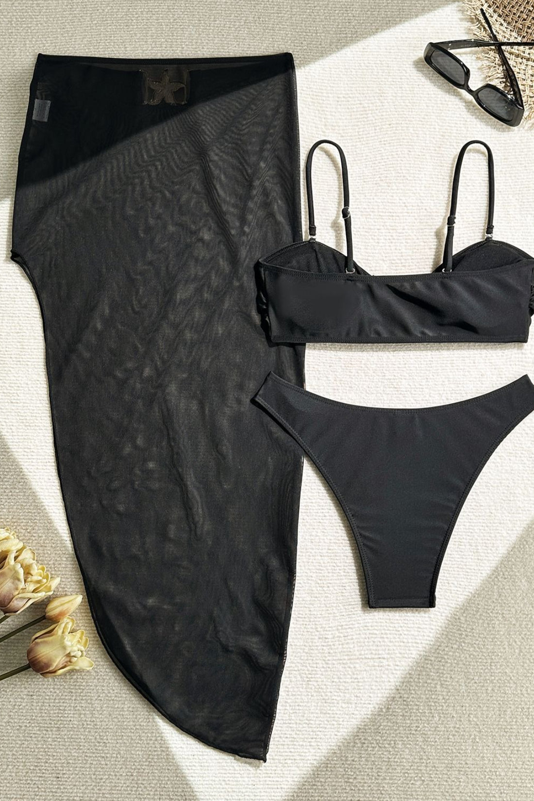 Solid Mesh Long Skirt Three Piece Swim Set