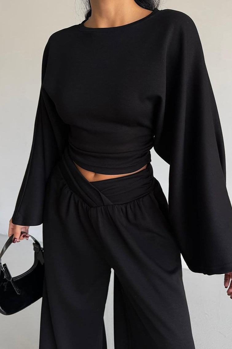 Casual Cinched Waist Flared Sleeve Top Palazzo Pants Set