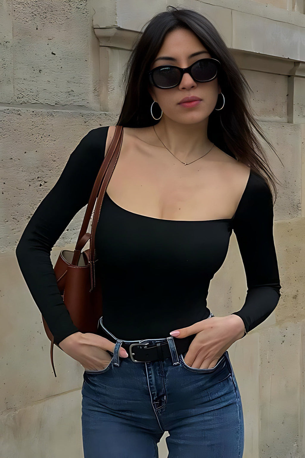 Solid Square Neck Bodycon Long Sleeve Tee
