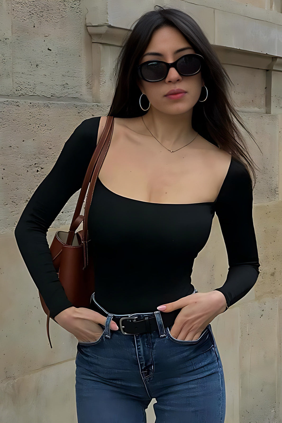 Solid Square Neck Bodycon Long Sleeve Tee