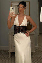 Lace Patchwork Backless Halter Boho Dress
