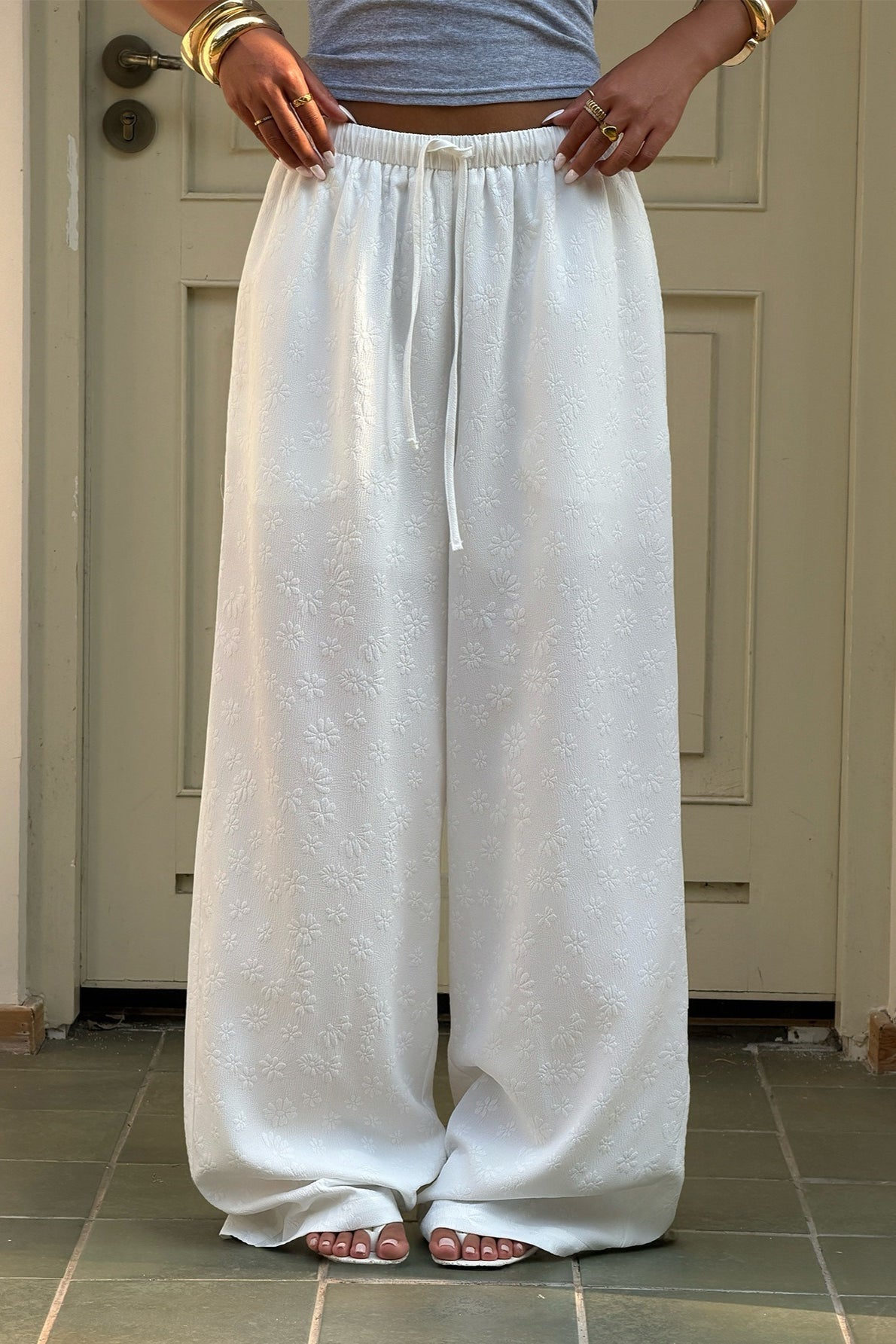 Solid High Waist Drawstring Wide Leg Pants