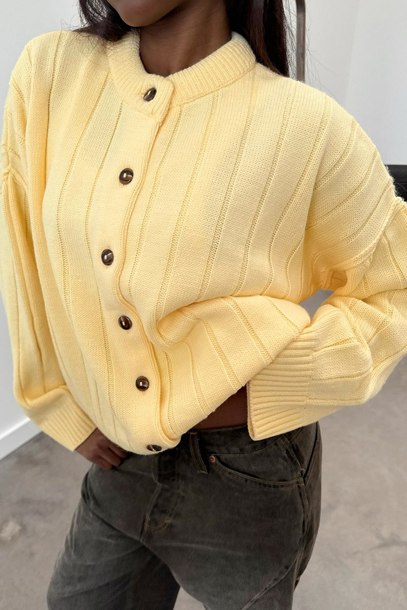 Yellow Ribbed Round Neck Knit Cardigan