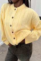 Yellow Ribbed Round Neck Knit Cardigan