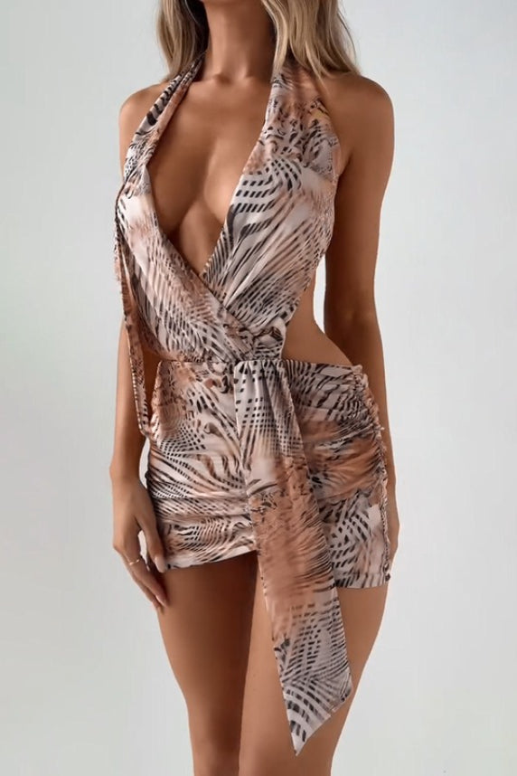 Zebra Print Cowl Neck Backless Bodycon Mini Dress