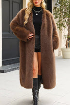 Long faux fur coat with V-neck