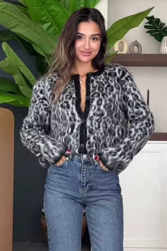 Cárdigan retro de leopardo de tacto suave