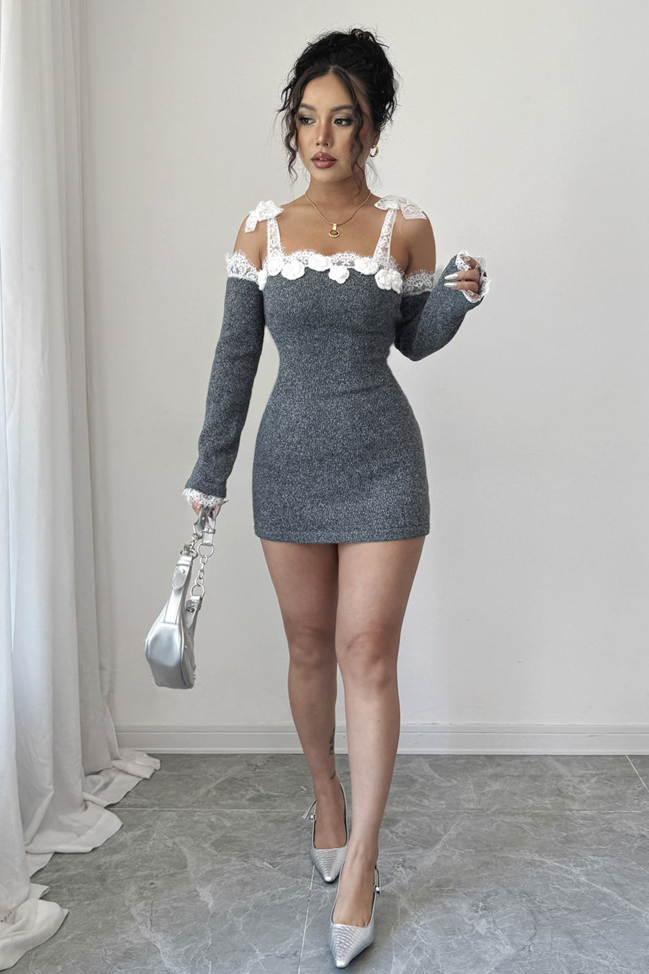 Encaje Con Ribete Hombros Descubiertos Vestido de Punto