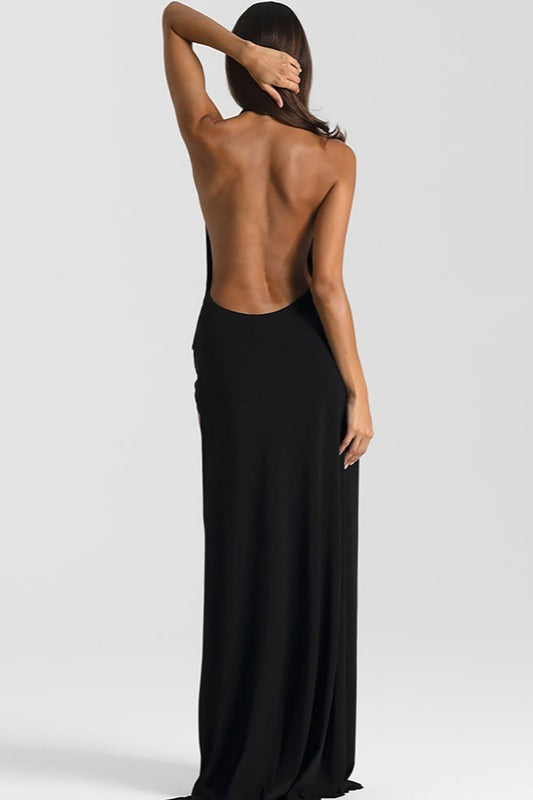 Deep V Halter Ruched Backless High Slit Maxi Dress