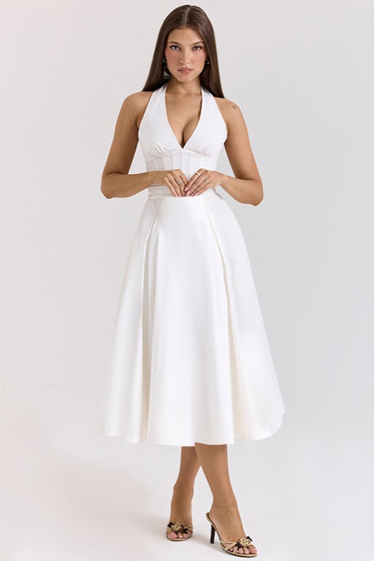 Elegante Escote Profundo en V Halter Espalda Descubierta Vestido Maxi de Fiesta