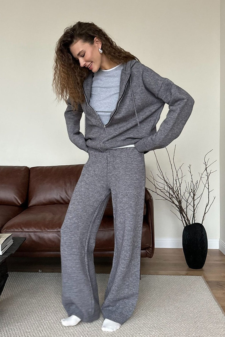 Hooded Zip Cardigan Wide Leg Pants Knit Set