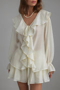 V Neck Ruffle Tie Front Blouse Shorts Set