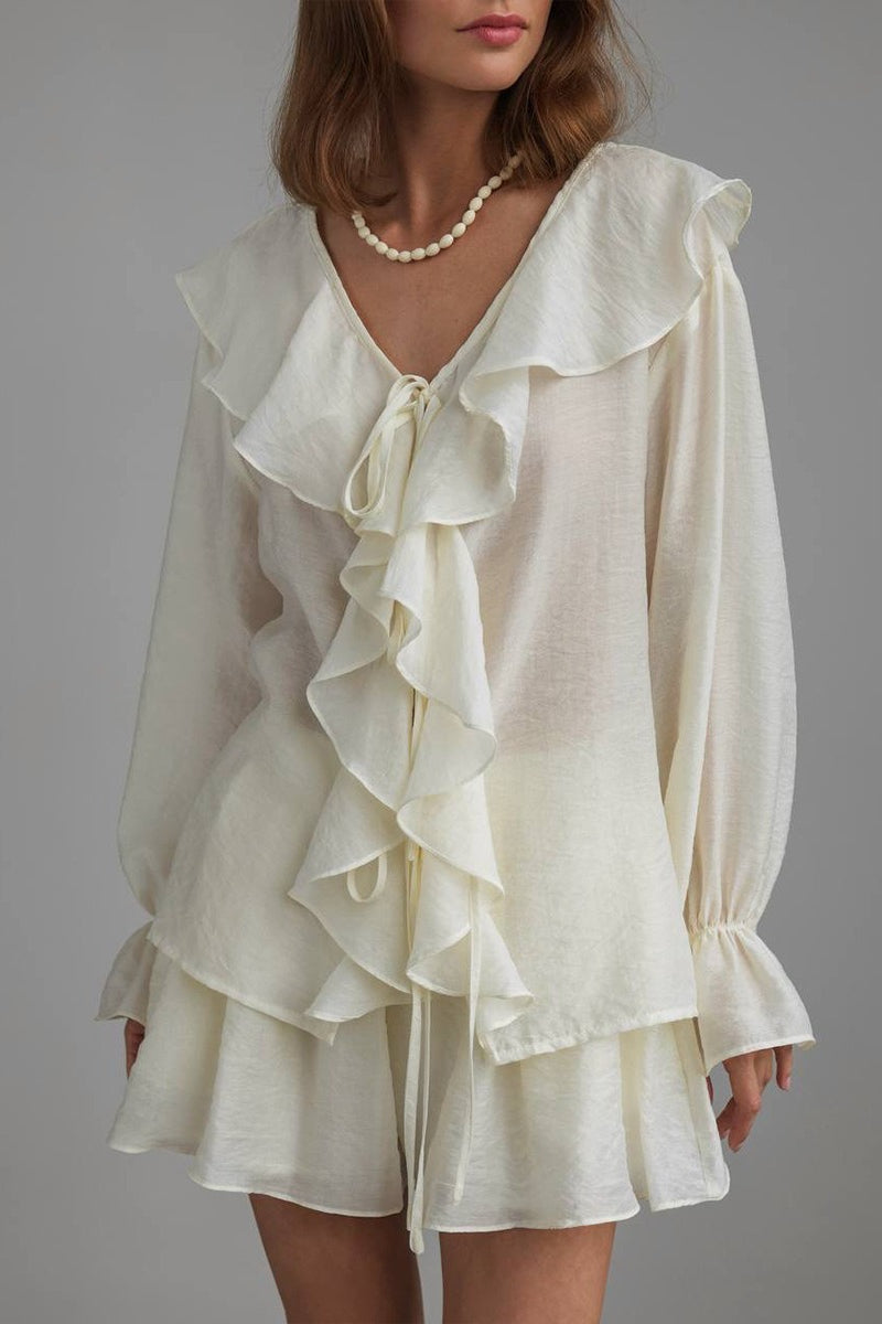 V Neck Ruffle Tie Front Blouse Shorts Set