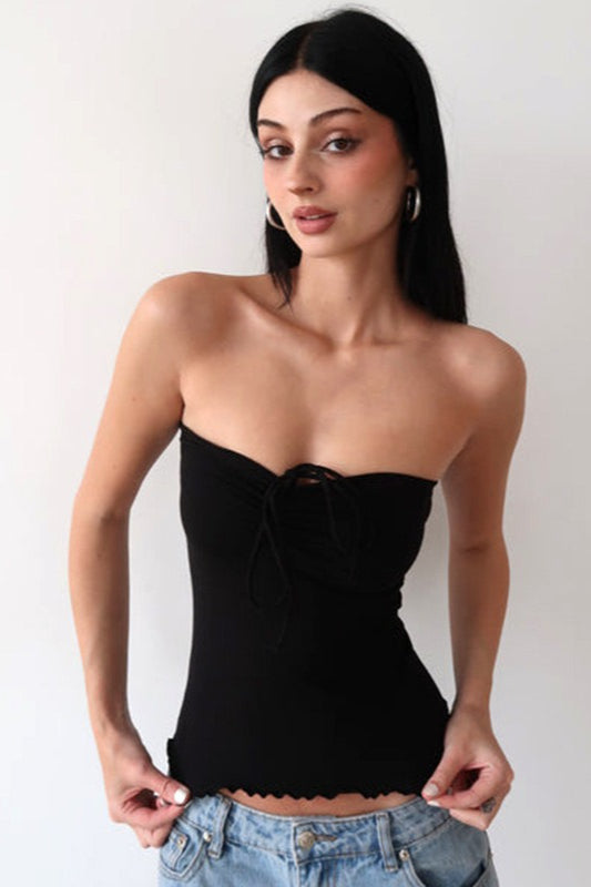 Ruched Strapless Backless Ruffle Tie Tube Top
