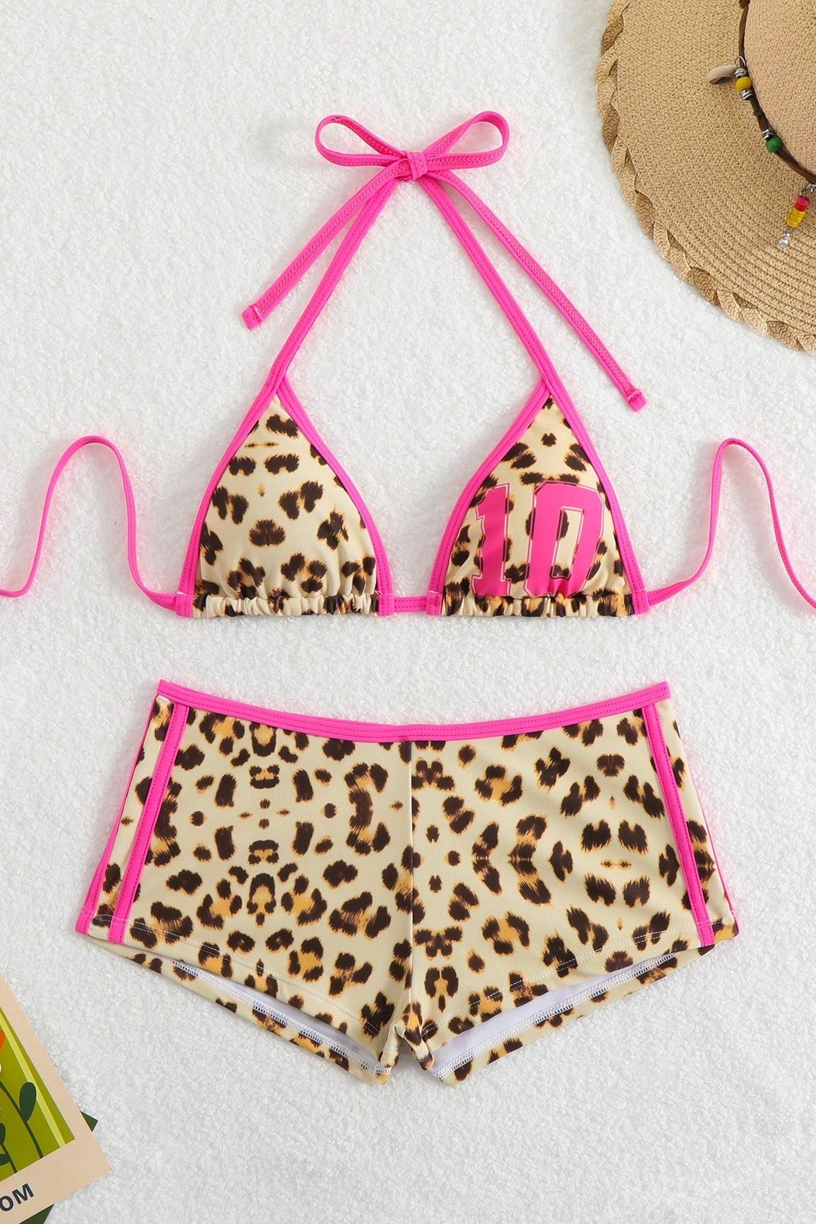 Leopard Strap Bodycon Shorts Two Piece Swim Set