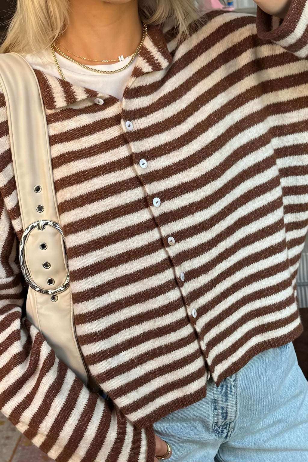 Stripe Roll Neck Button Casual Cardigan