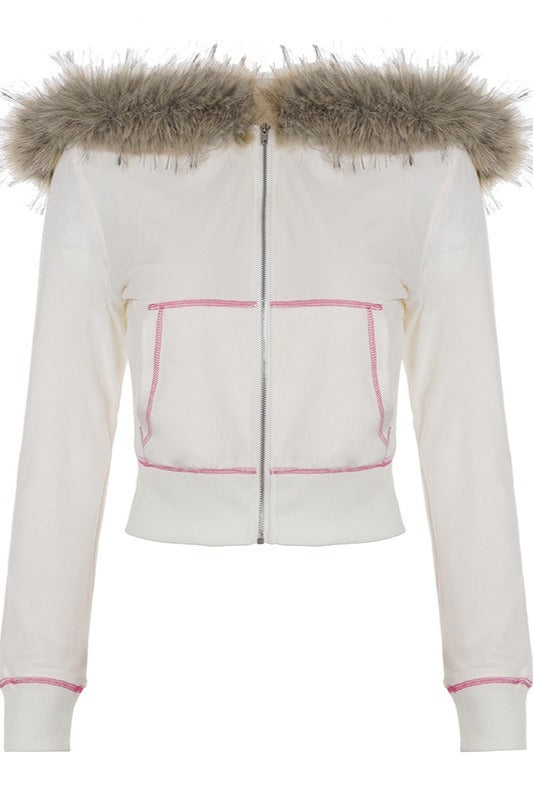 Fur Trim Velvet Crop Hoodie Pants Set