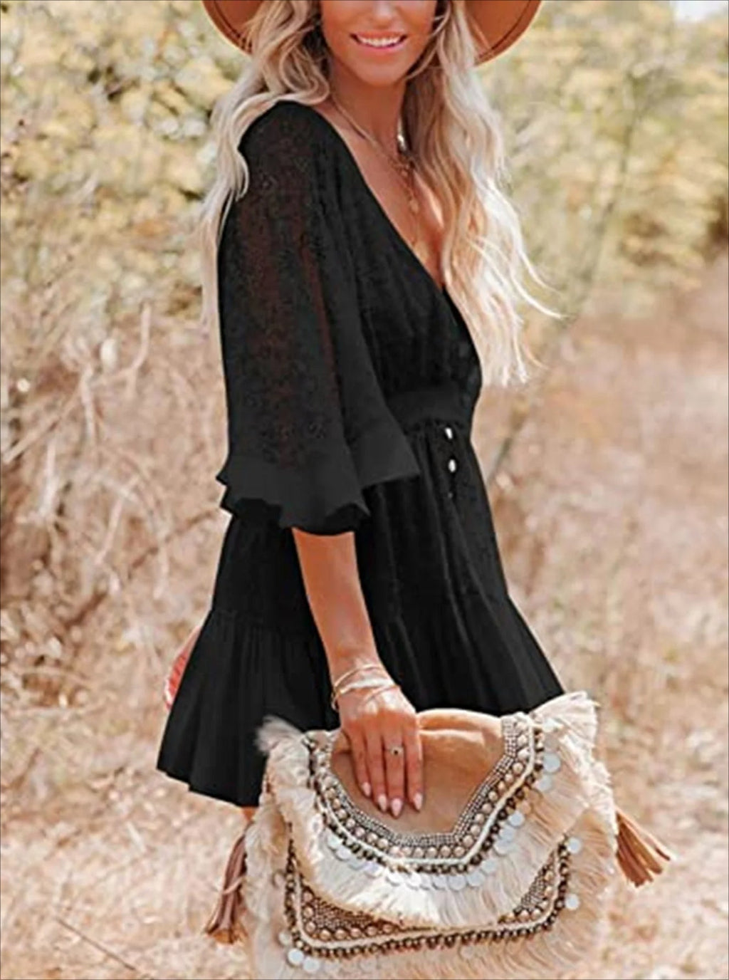 Lace V-Neck Ruffle Mini Boho Dress