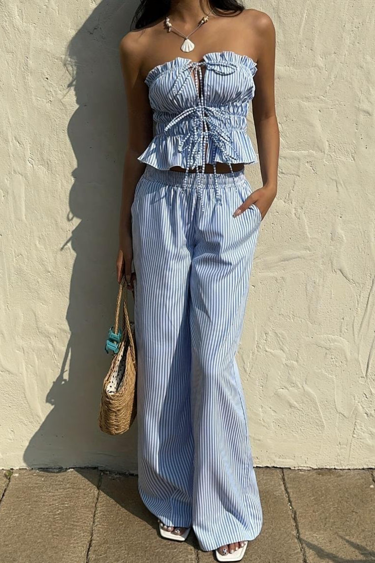 Striped Tie Front Tube Top Pants Set