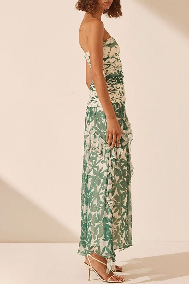 Printed Strapless Chiffon Boho Dress