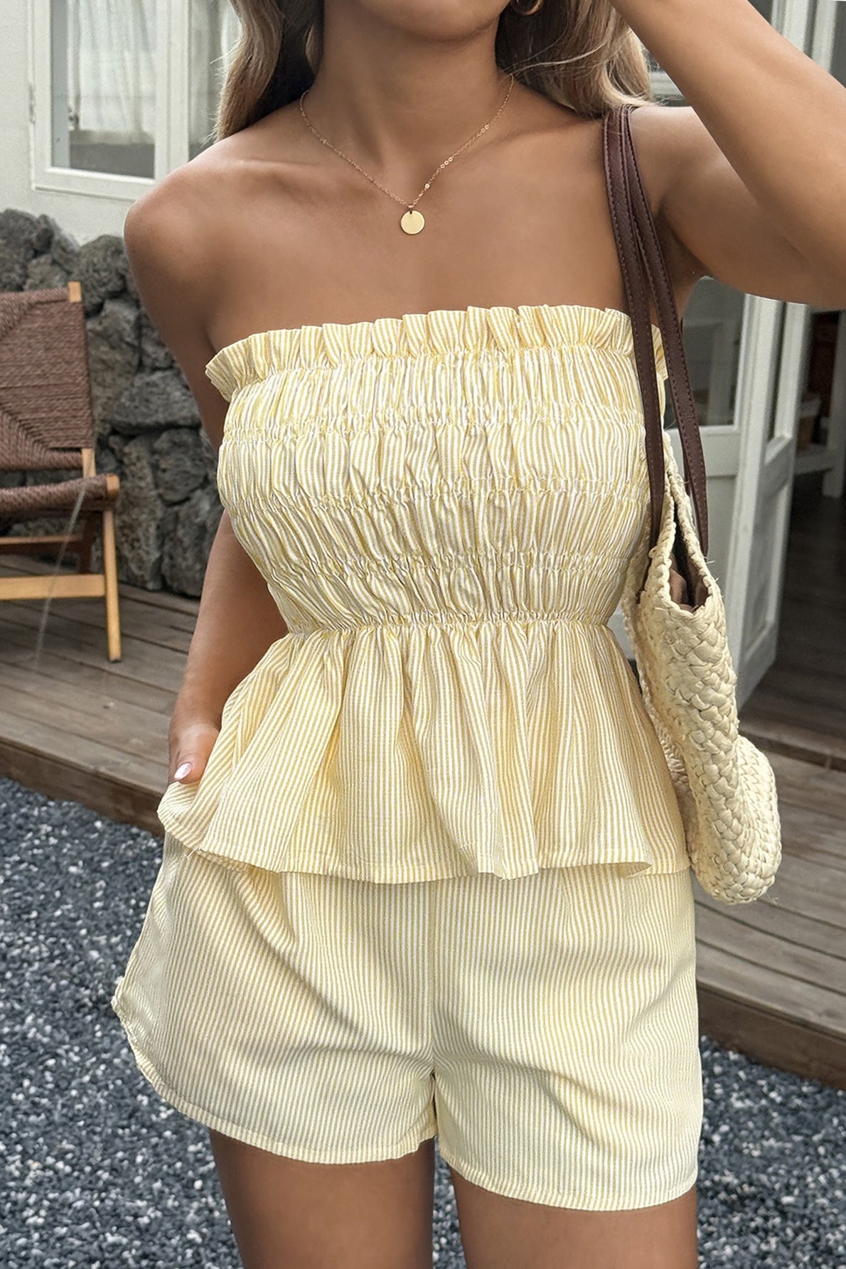 Ruched Frill Trim Bandeau Shorts Set