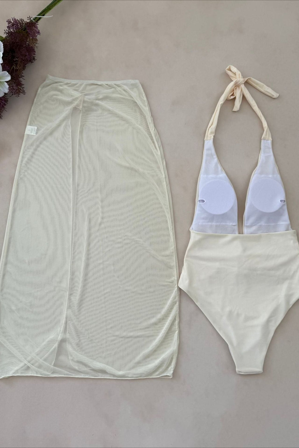 Solid Halter Mesh High Slit Two Piece Swim Set