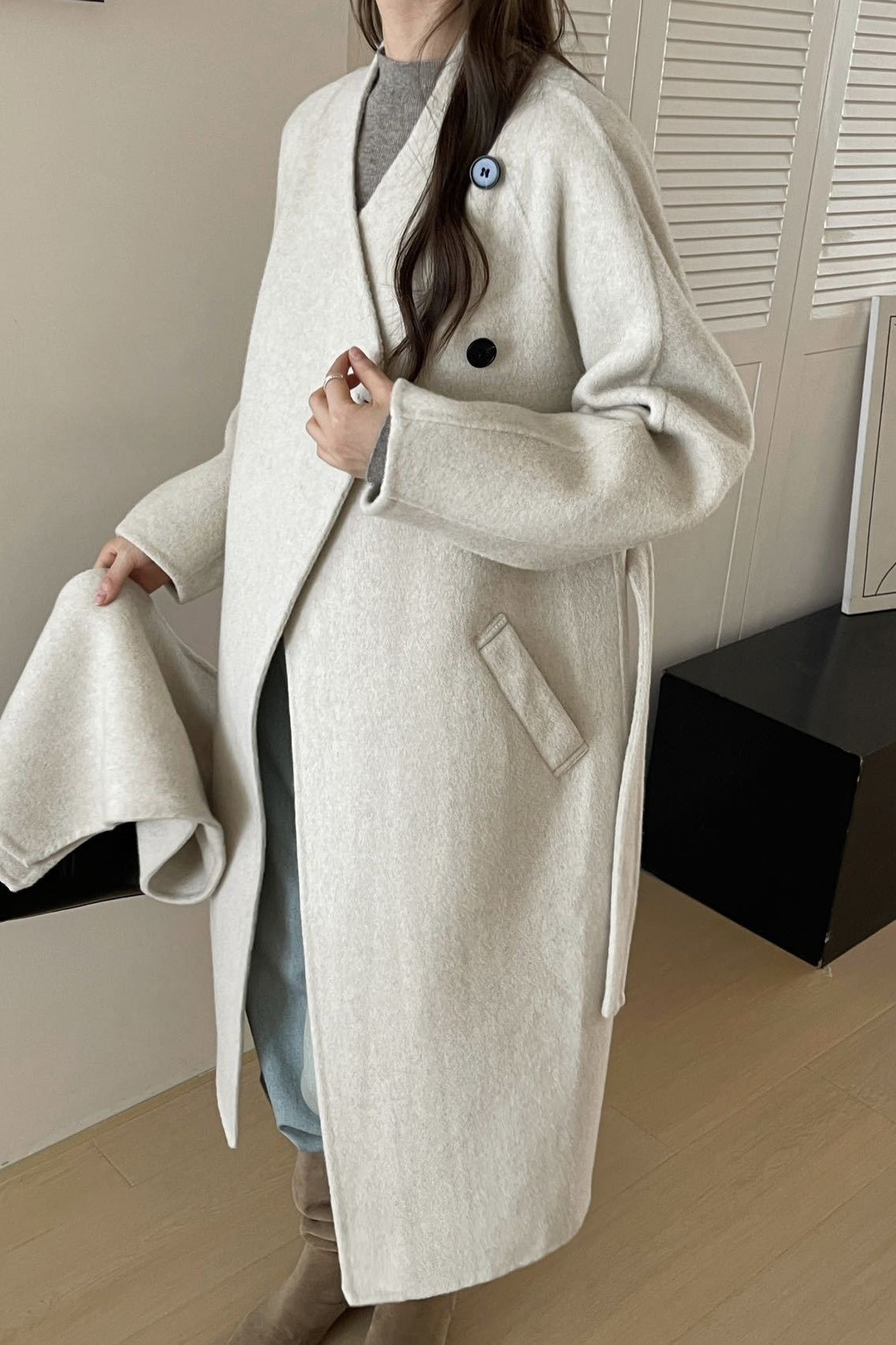 Wool Reversible Midi Scarf Style Overcoat