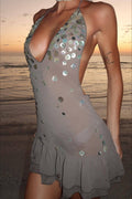 Sexy Sequin Halter V Neck Vacation Dress
