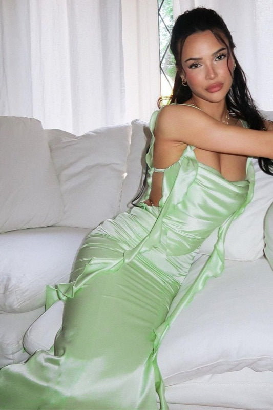 Ruffle Lace Trim Cami Backless Maxi Dress