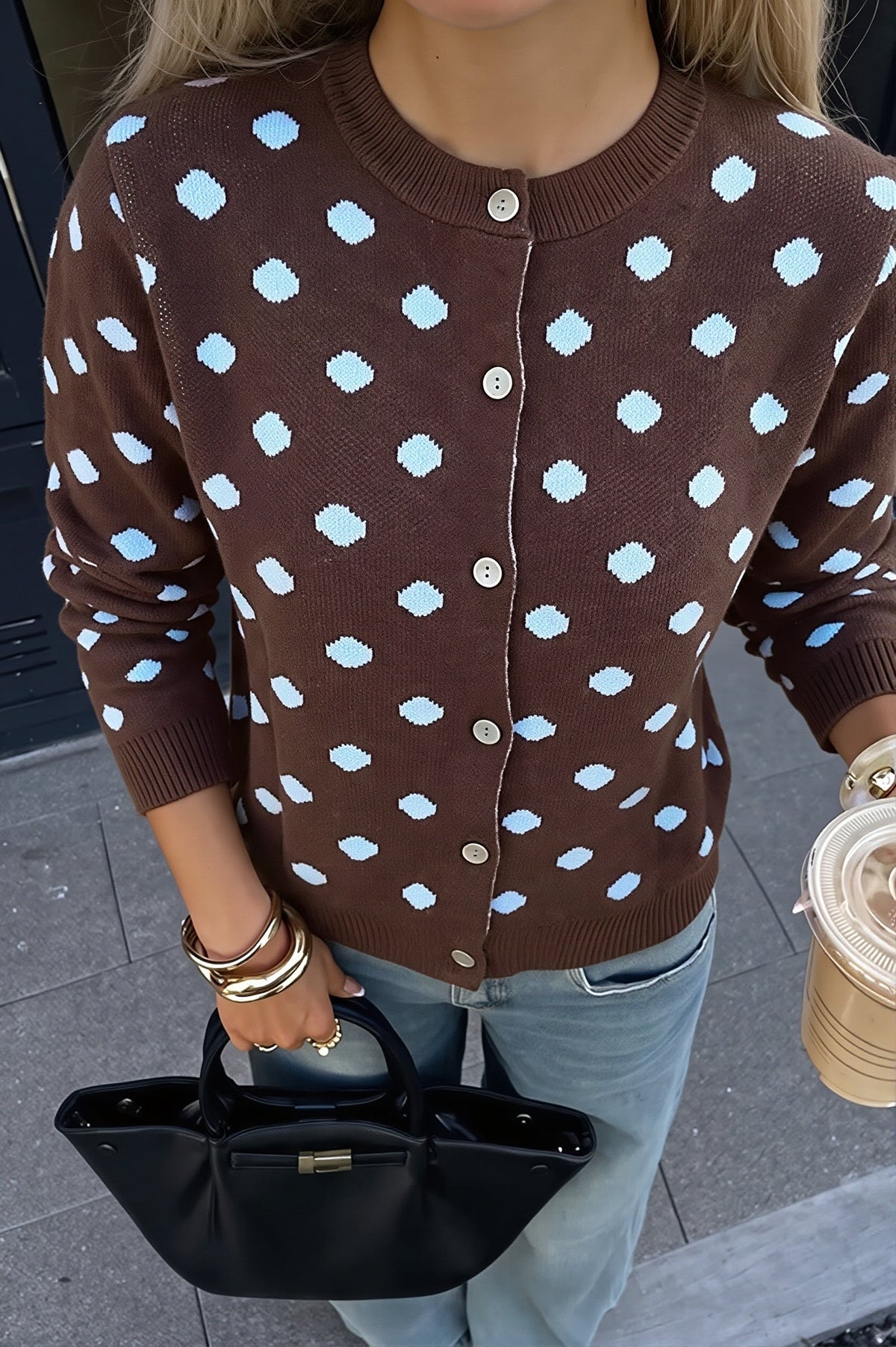 Colorful Polka Dot Round Neck Cardigan