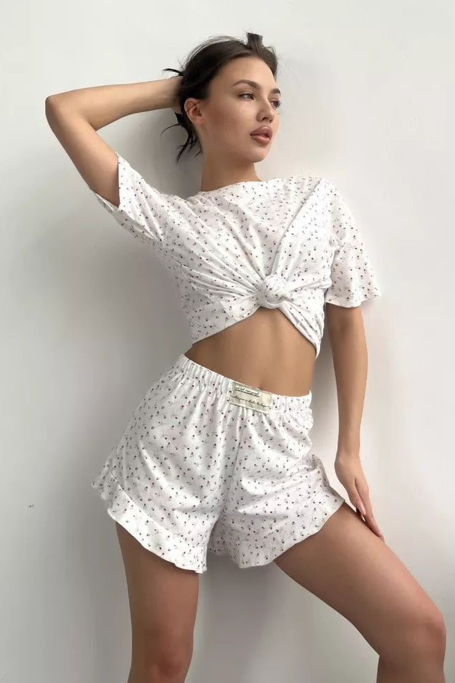 Floral Print Crew Neck Lounge Shorts Set