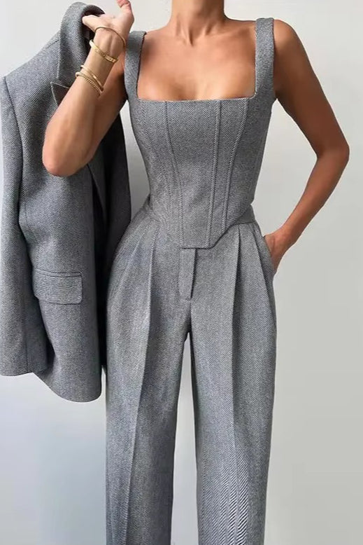 Layered Corset Style Three Piece Blazer Pants Set