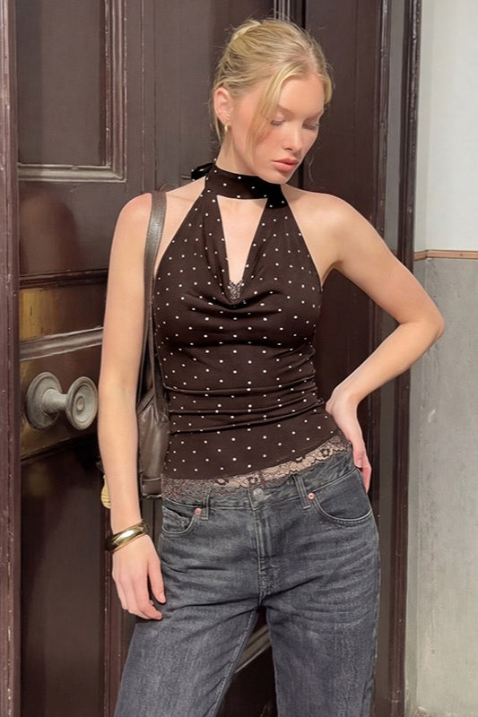 Polka Dot Lace Trim Backless Tie Tube Halter Top