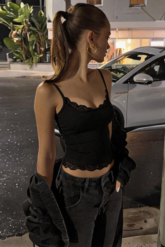 Solid Color Versatile Lace Trim Fitted Cami Top