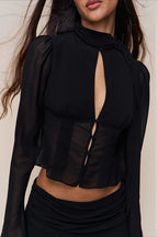Chic Botón Con Calados Lazo Frontal Entallado Blusa