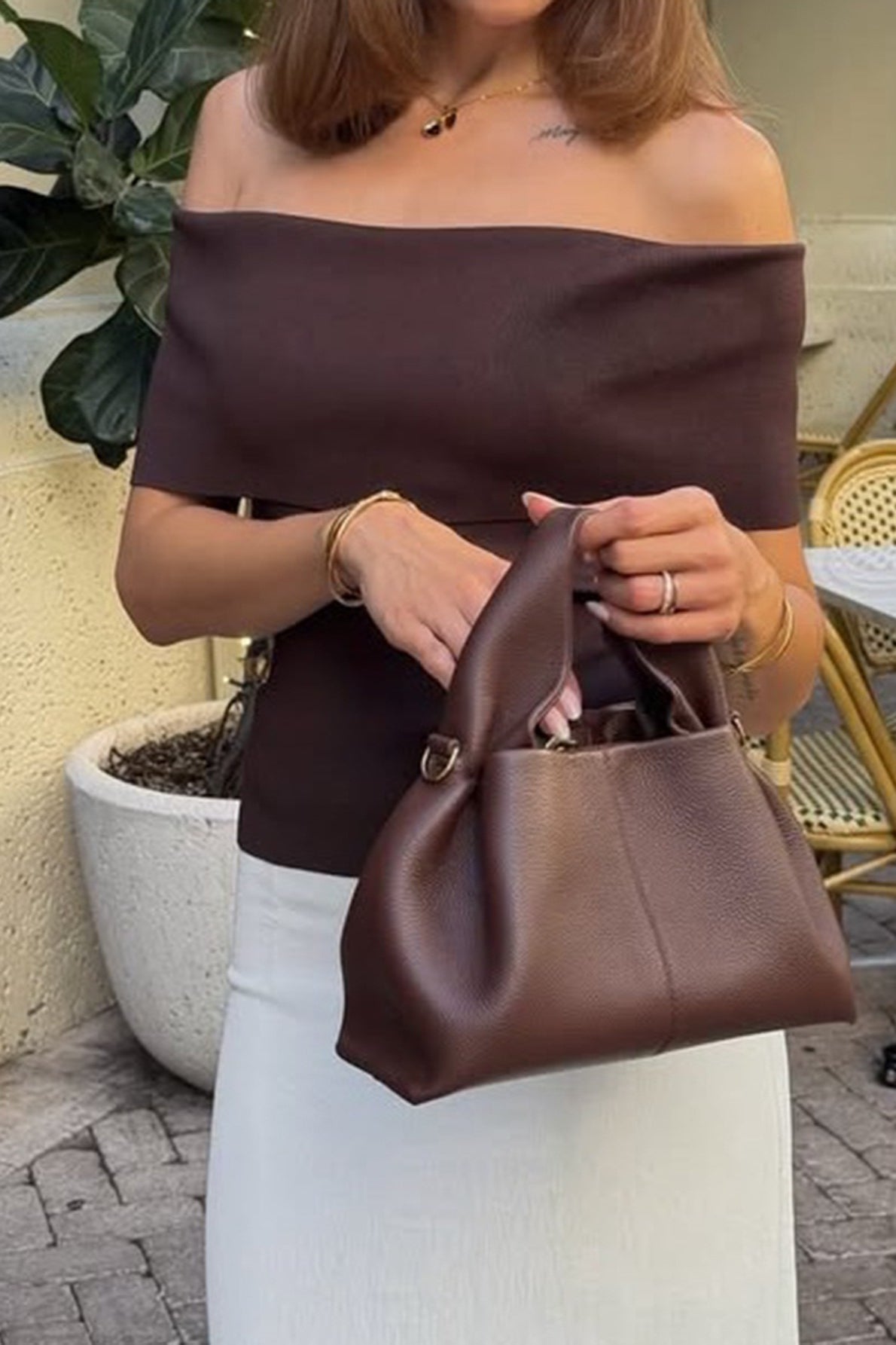 Elegant Brown Ribbed Knit Off Shoulder Tube Top
