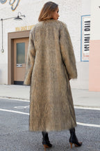 Long faux fur coat with V-neck