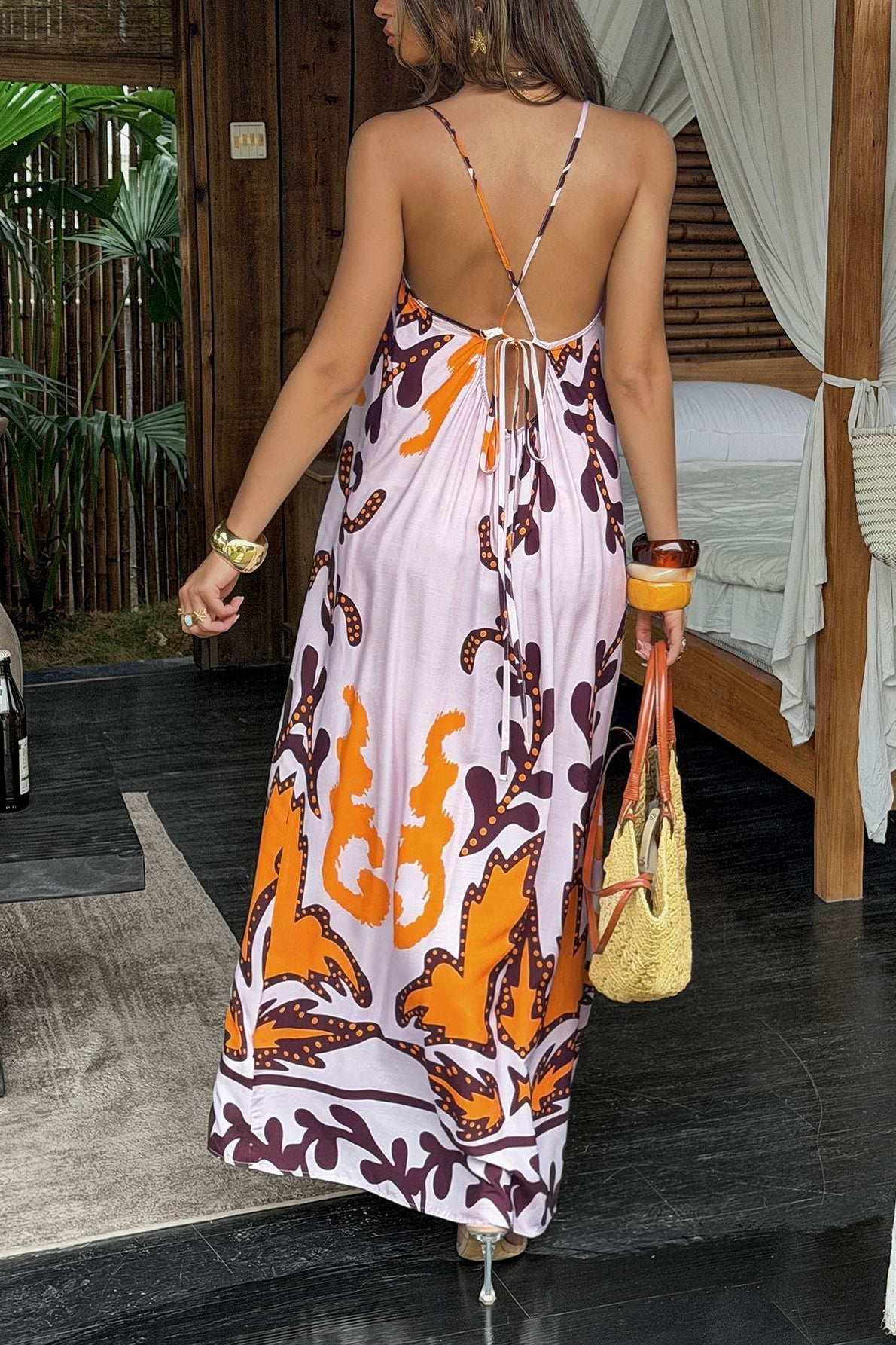 Vintage Orange Brown Floral Boho Maxi Dress