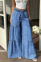 Tiered Panel Drawstring Wide Leg Jeans