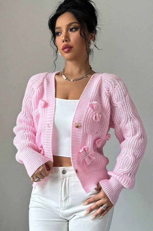 Bow Applique V Neck Button Knit Cardigan