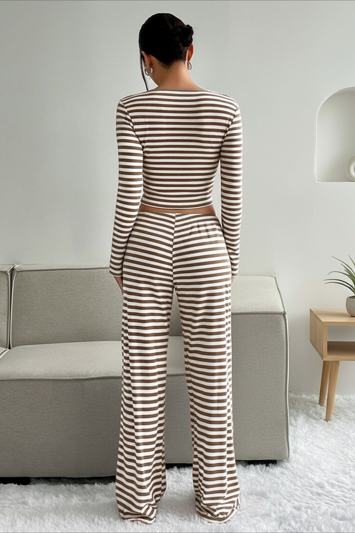 Casual Two Tone Stripe Two Piece Pants Set