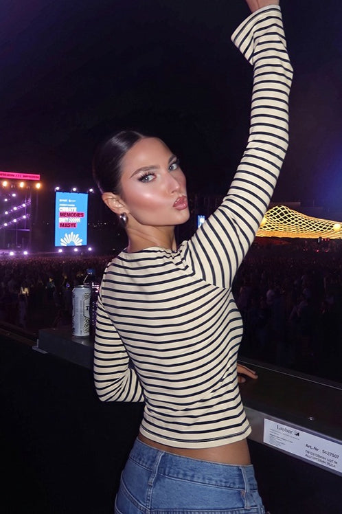 Striped Crew Neck Button Long Sleeve Tee