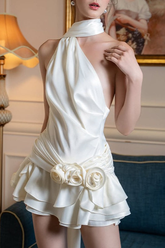 Elegante Satén Floral en 3D Vestido de Cóctel
